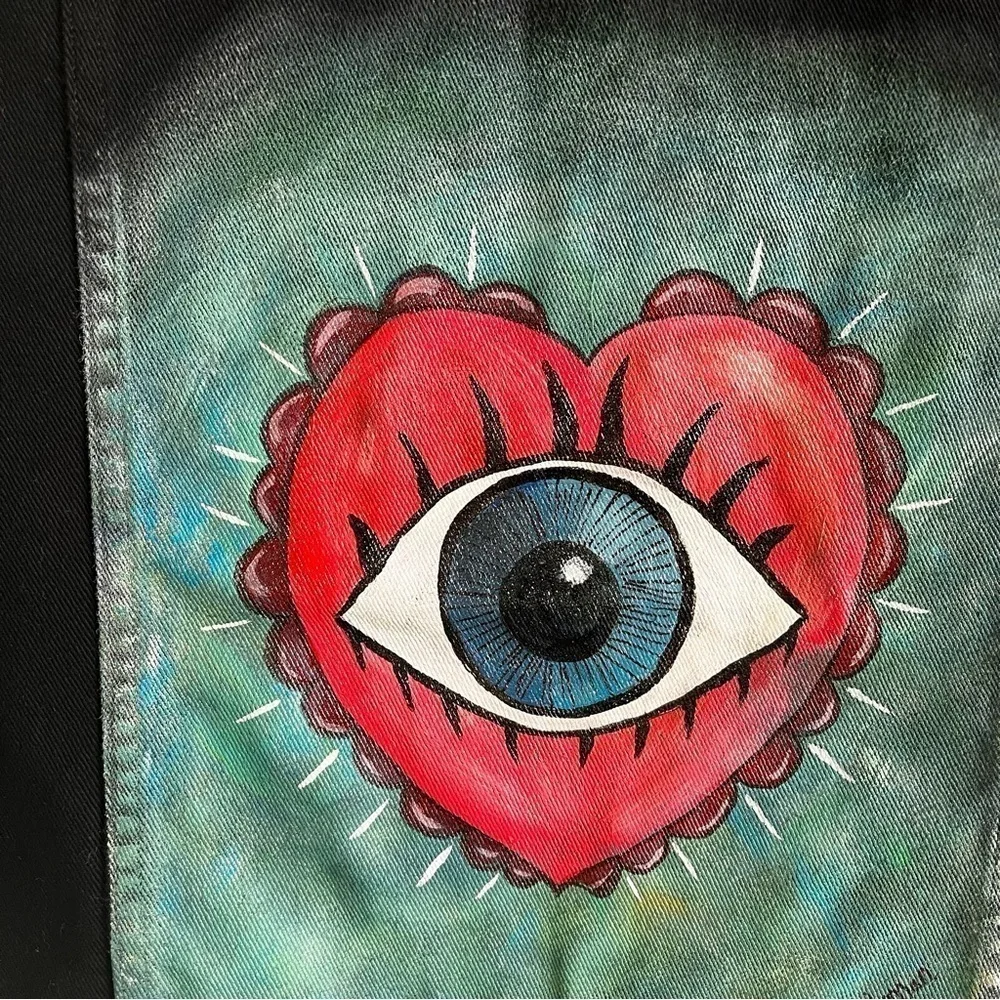 Hand Painted Evil Eye Black Denim Jean Jacket St John’s Bay Size Women’s Med …